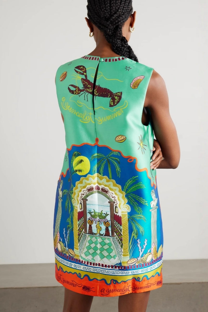 Botanical Print Satin Dress