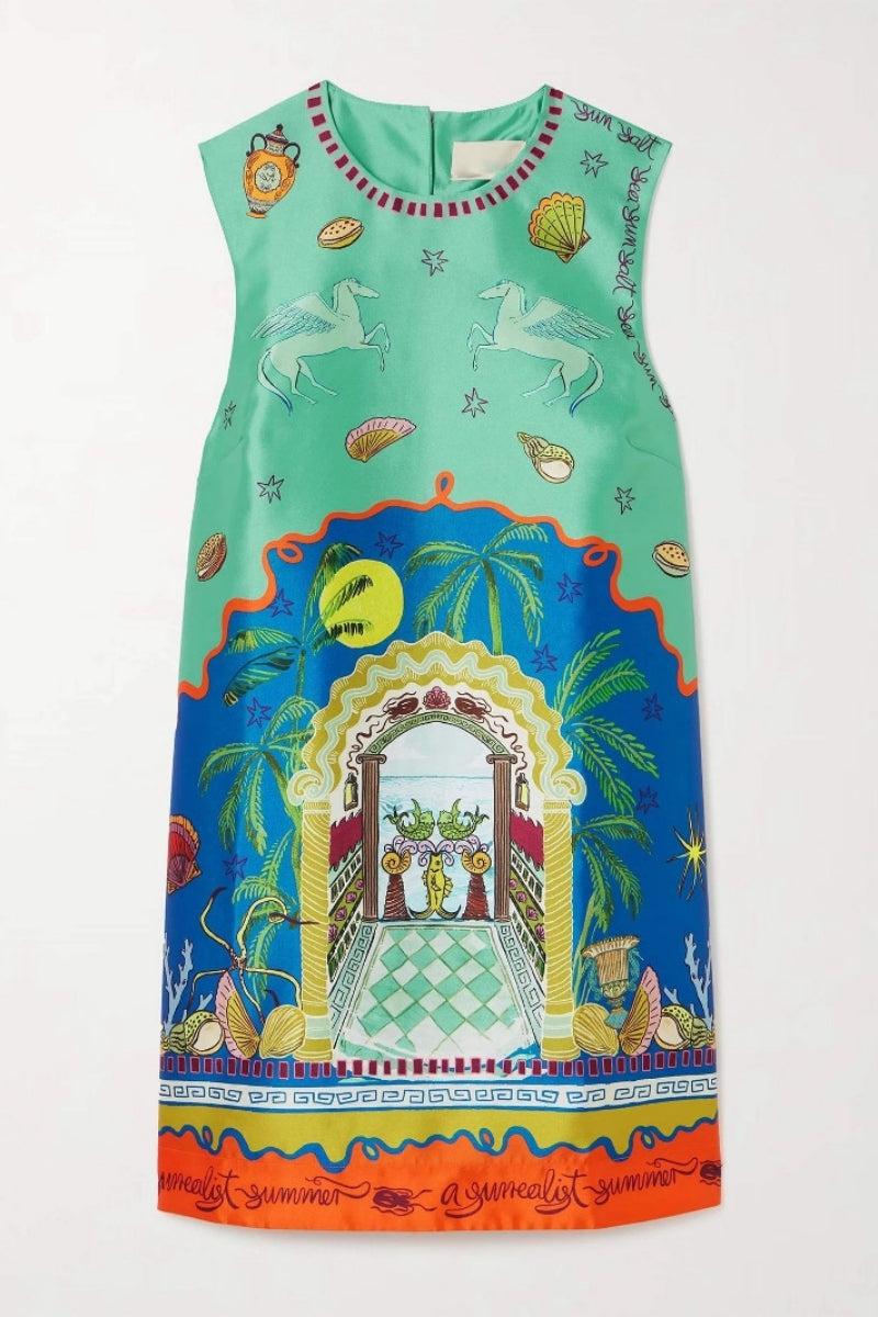 Botanical Print Satin Dress