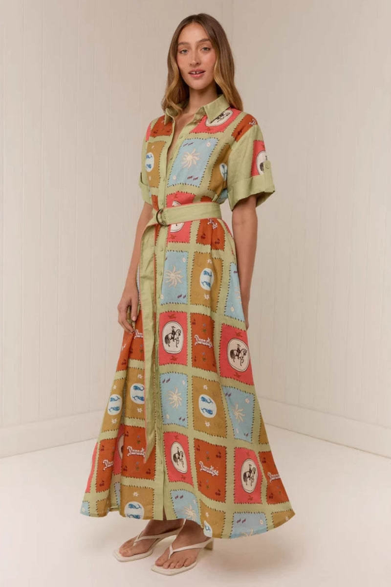 Shirt Collar Linen Long Dress