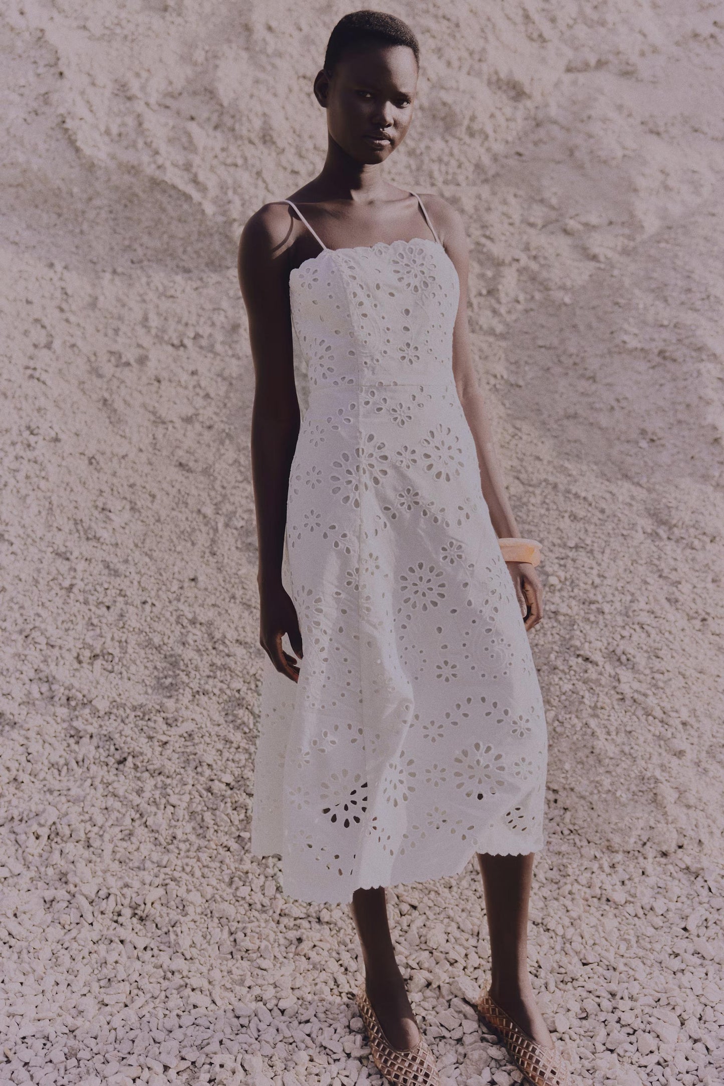 White Eyelet Spaghetti Strap Midi Dress