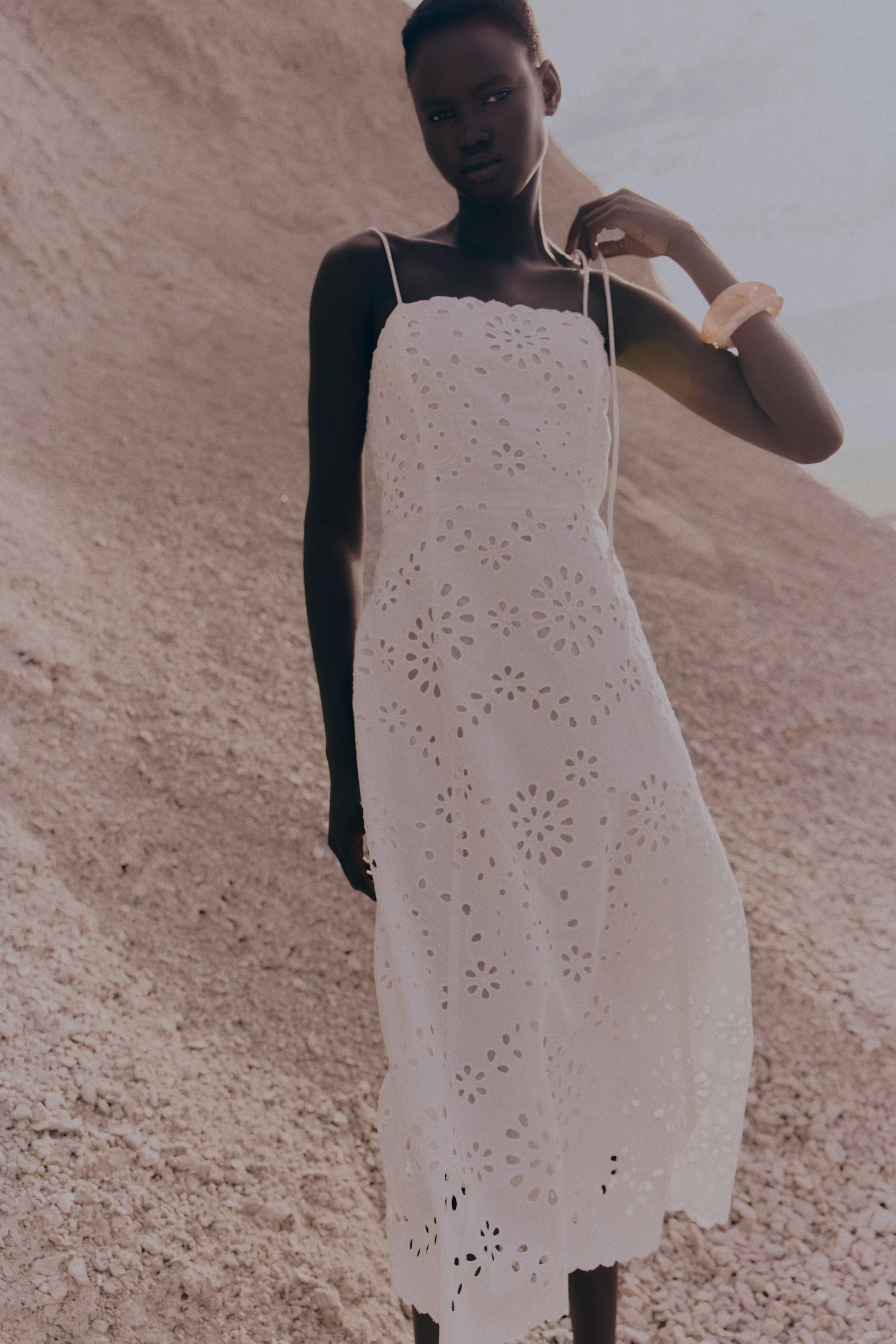 White Eyelet Spaghetti Strap Midi Dress