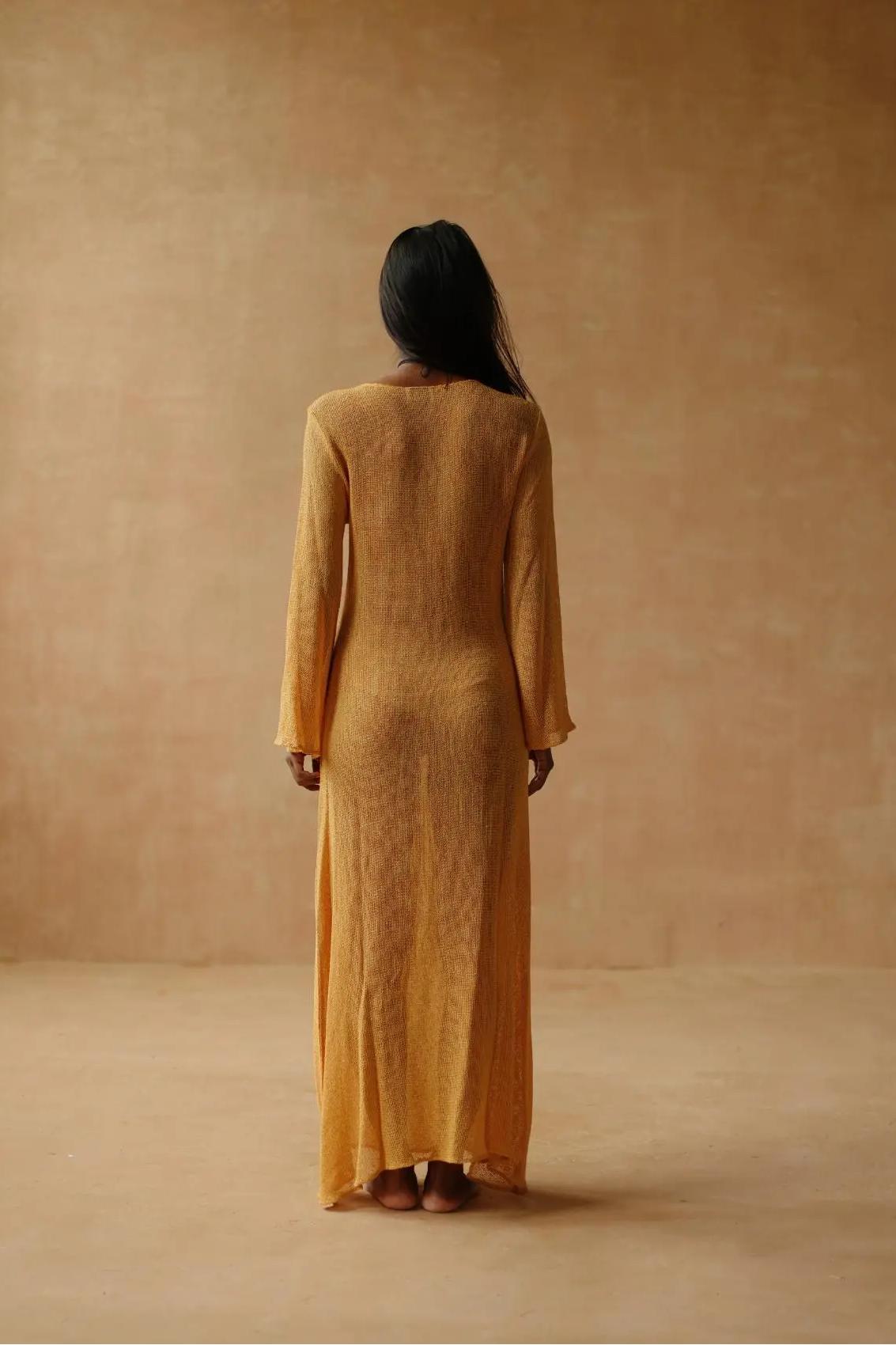 V Neck Maxi Knit Long Bell Sleeve Maxi Dress