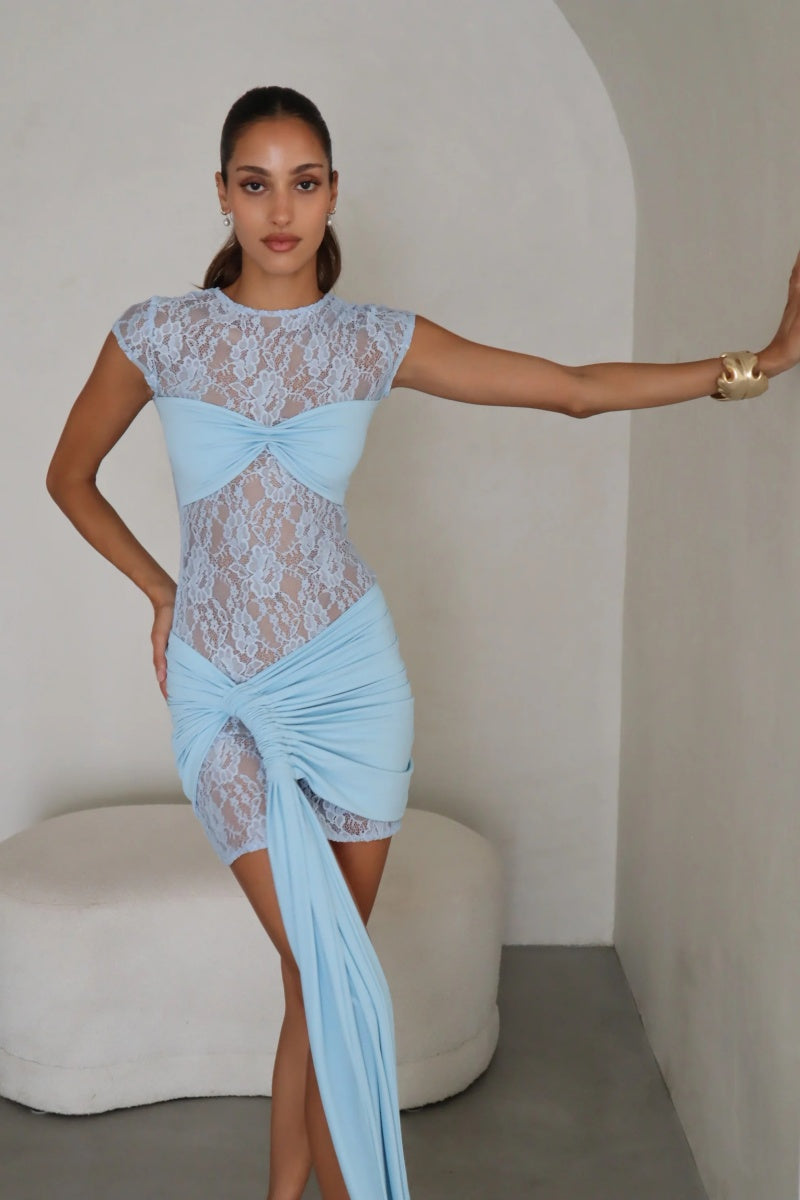 Sexy Lace Cutout See-through Ribbon Hip Mini Drees