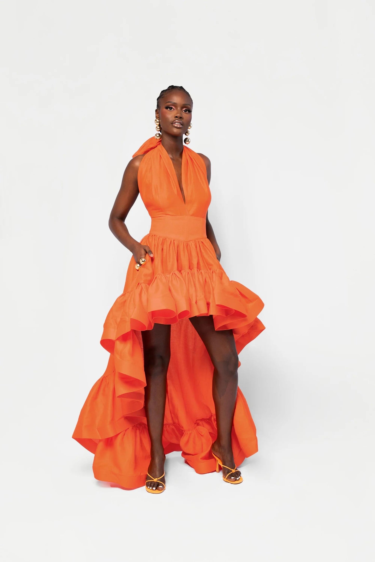 V - Neck Halter Asymmetric Ruffle Gown