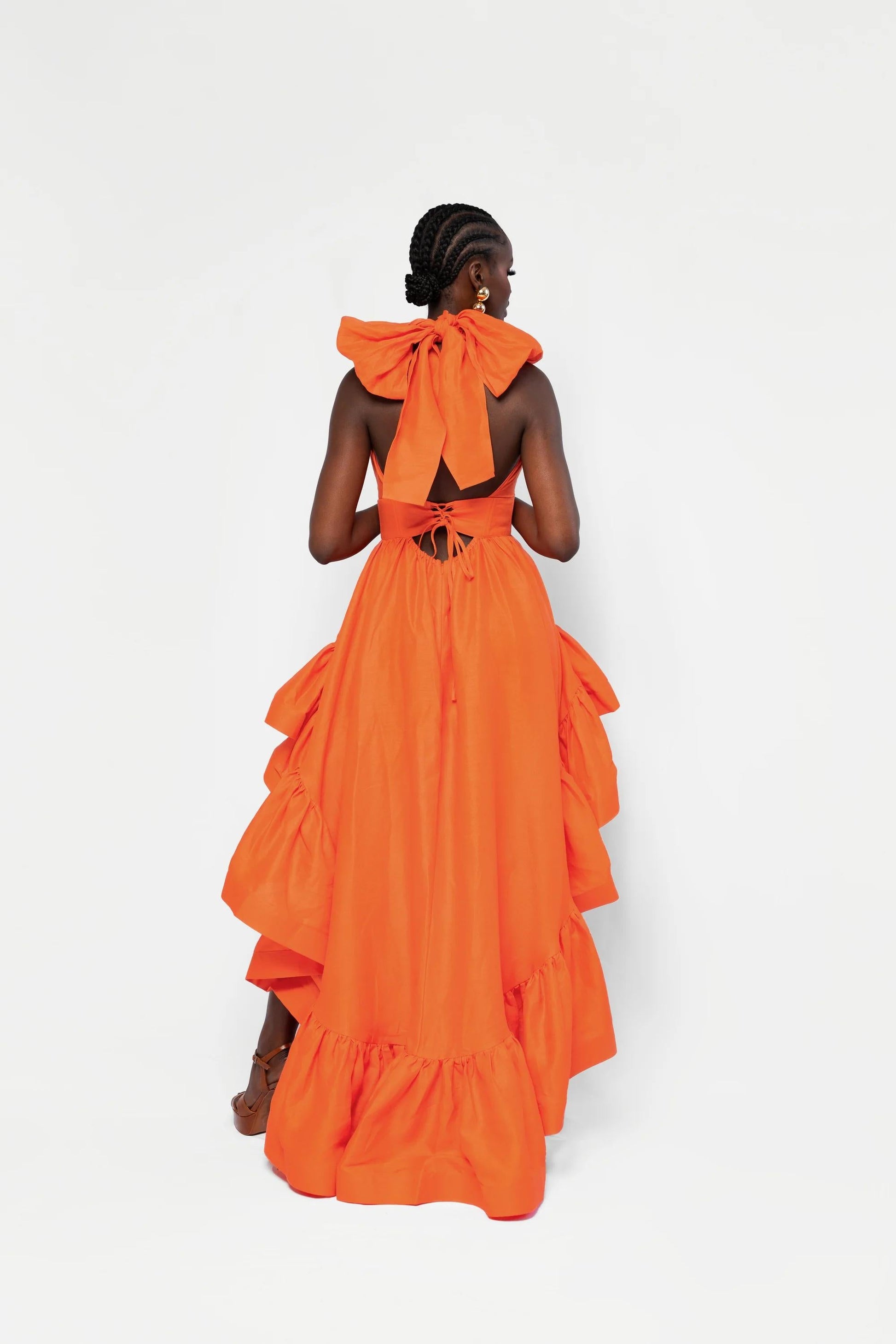 V - Neck Halter Asymmetric Ruffle Gown