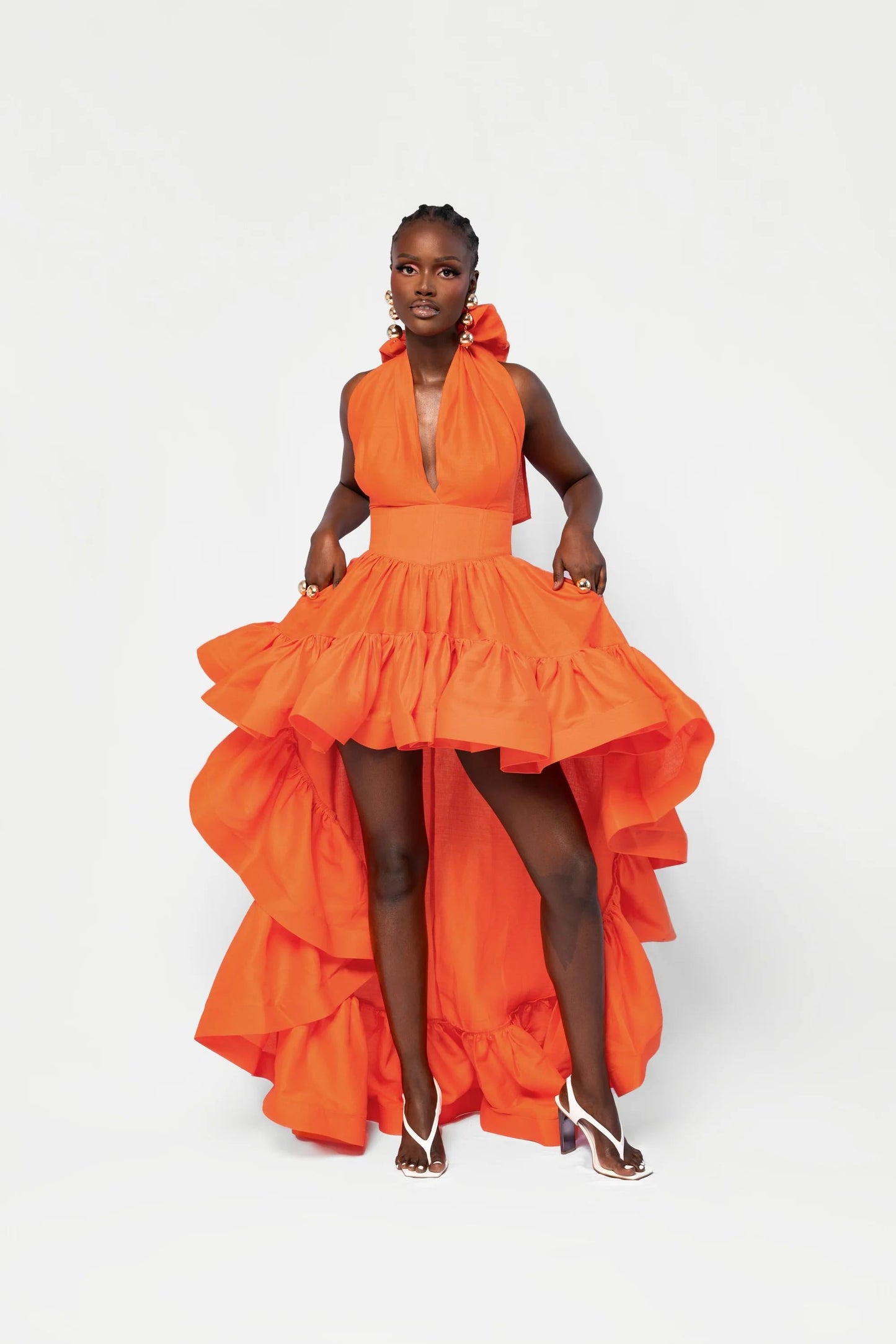 V - Neck Halter Asymmetric Ruffle Gown