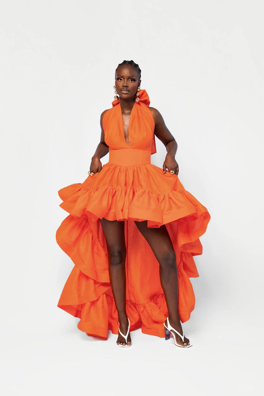 V - Neck Halter Asymmetric Ruffle Gown