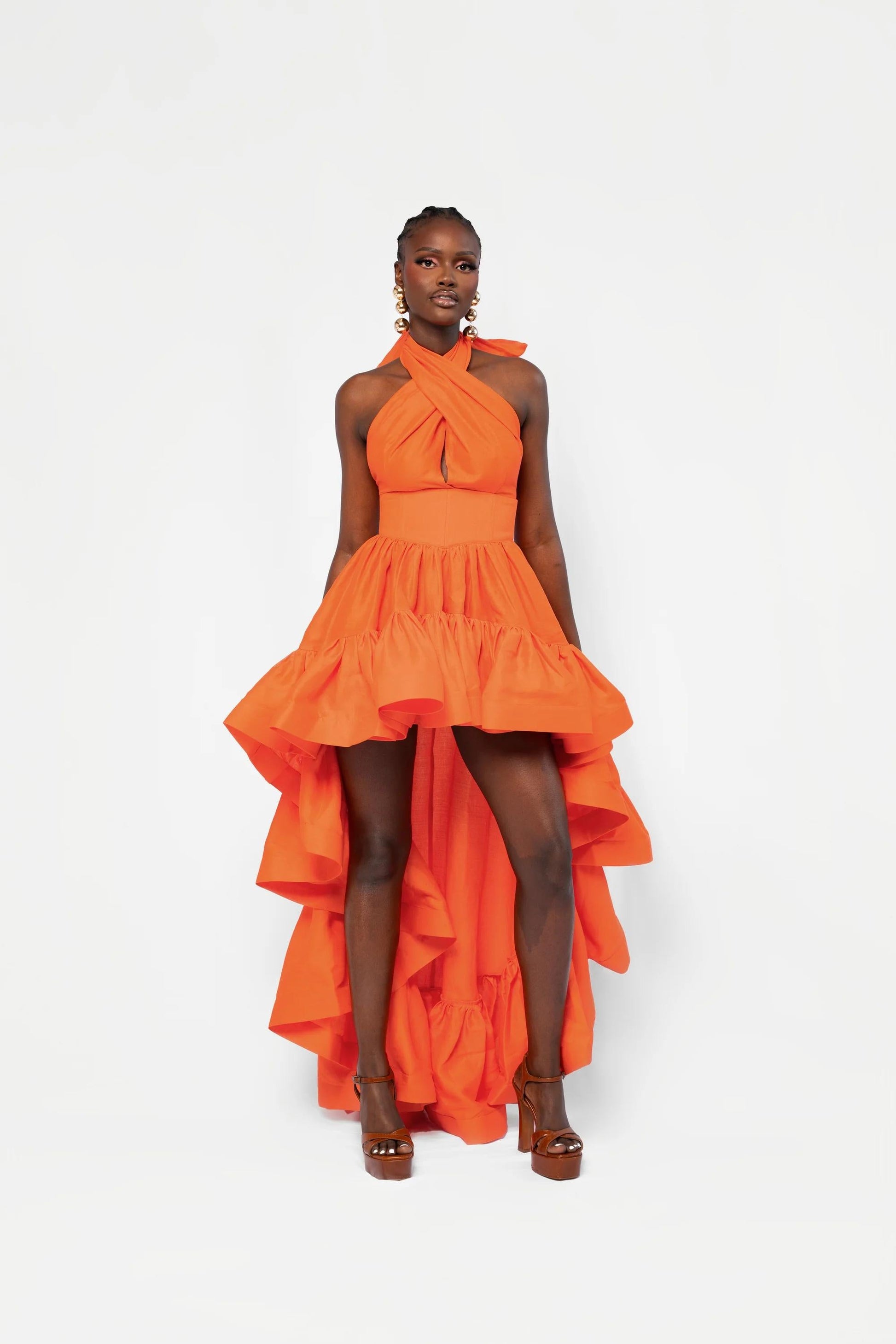 V - Neck Halter Asymmetric Ruffle Gown