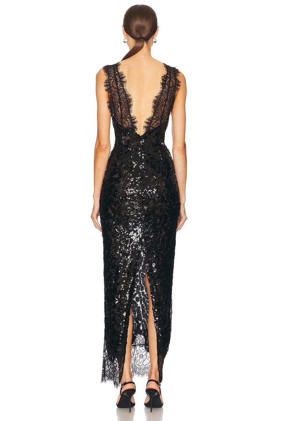 Black Sequin & Lace Deep V - Neck Maxi Dress