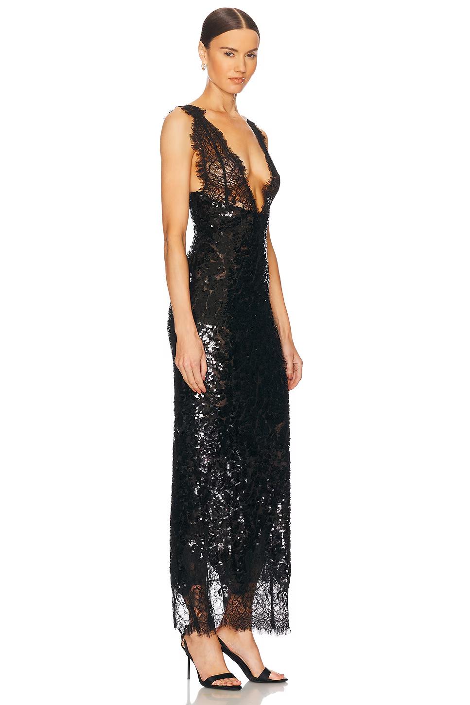 Black Sequin & Lace Deep V - Neck Maxi Dress
