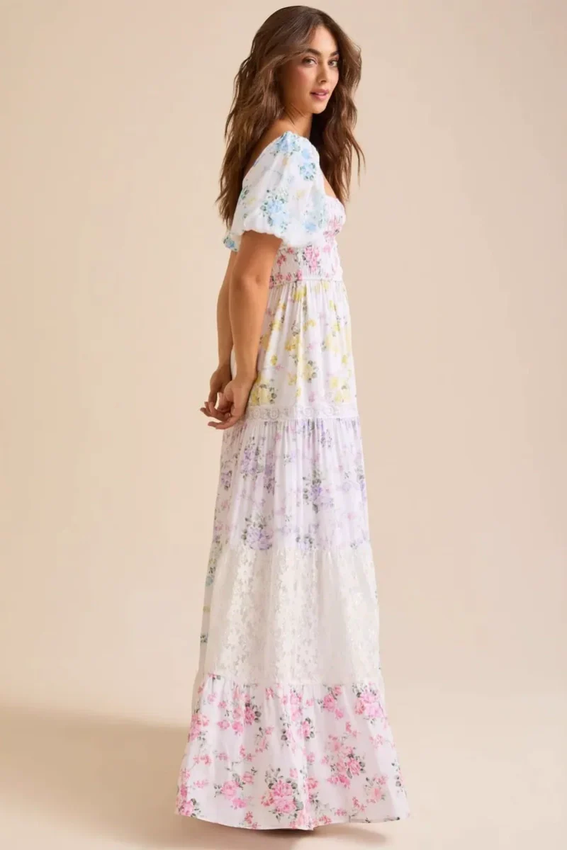 Elegant Floral Print Short Sleeve A-Line Midi Dress