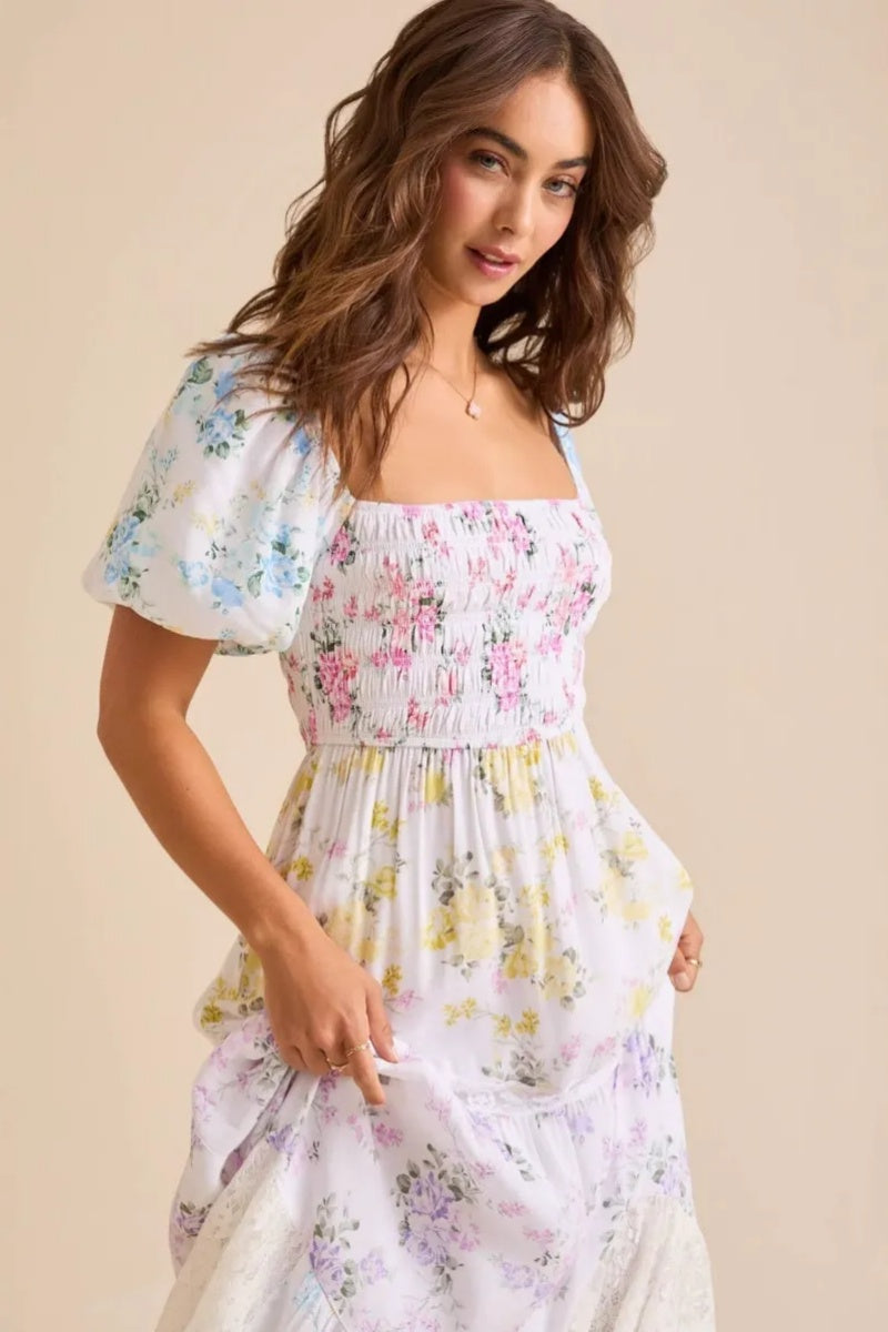 Elegant Floral Print Short Sleeve A-Line Midi Dress