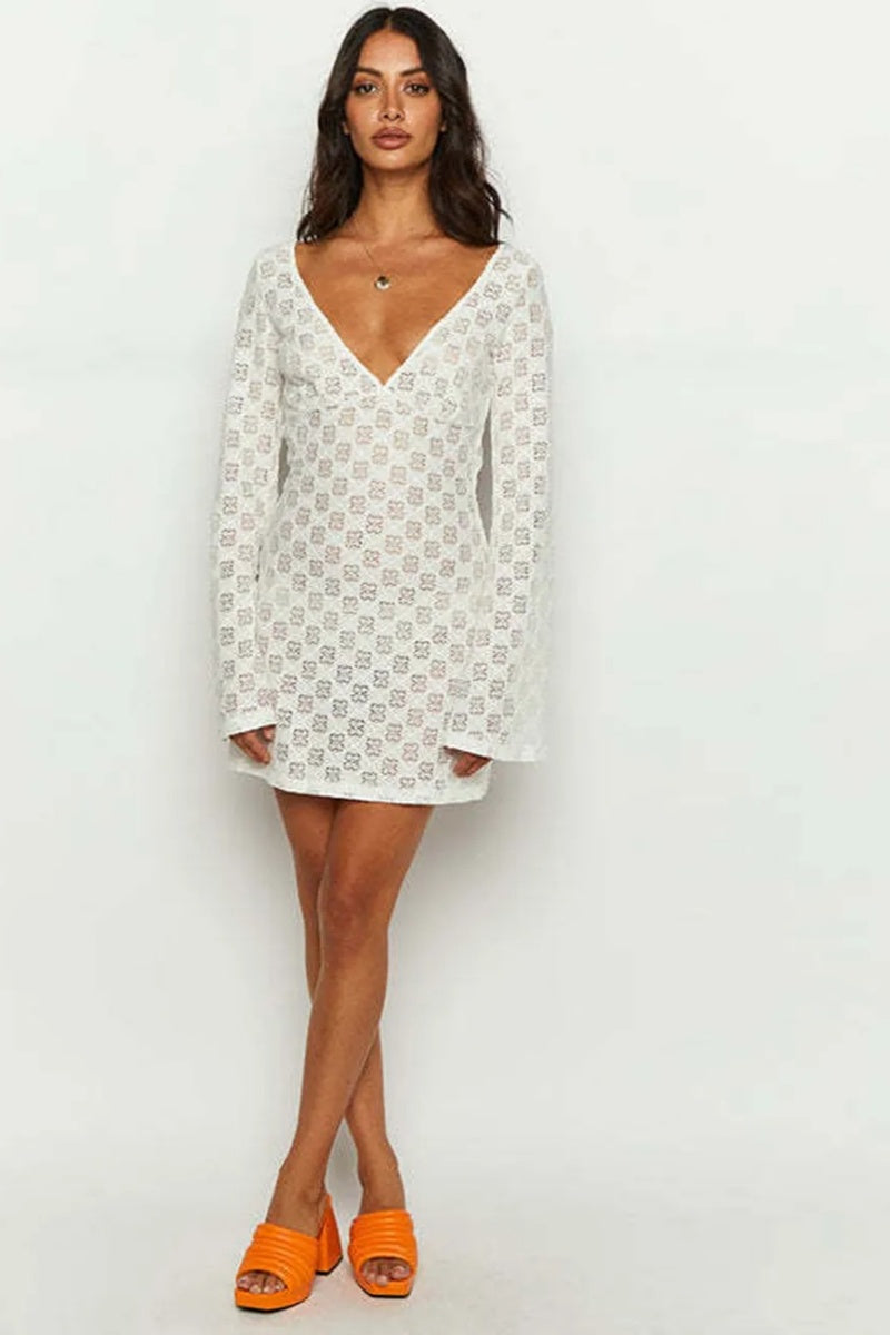 White Printed Low-cut Back  Mini Dress