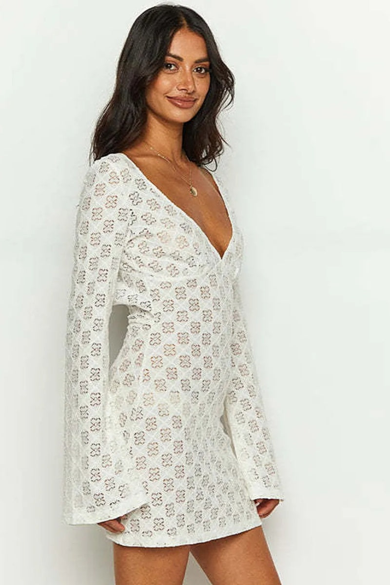 White Printed Low-cut Back  Mini Dress