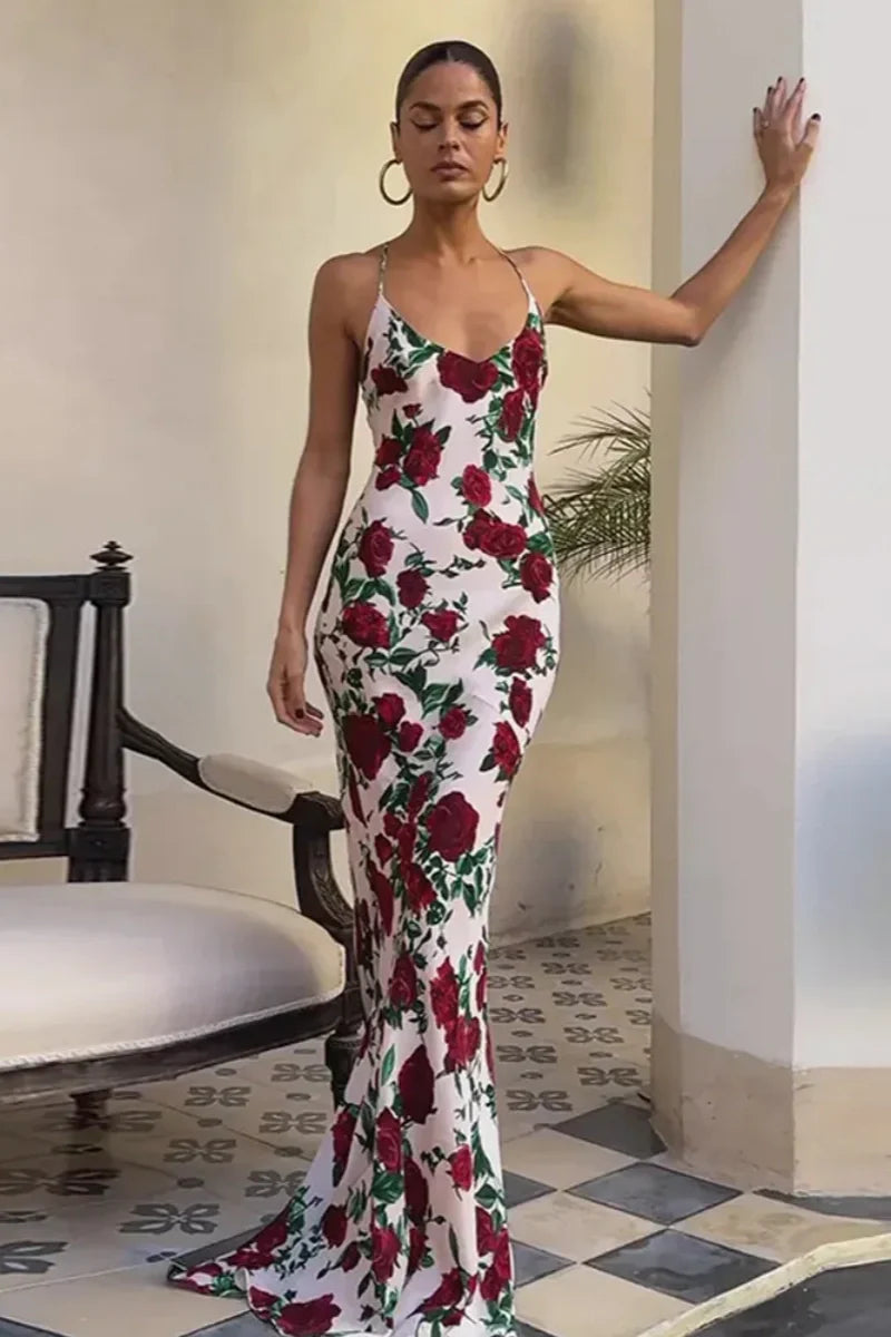 Floral Print Backless Maxi Dress
