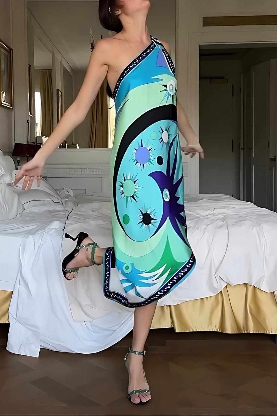 Stella Print Off-Shoulder Asymmetric Midi Dress