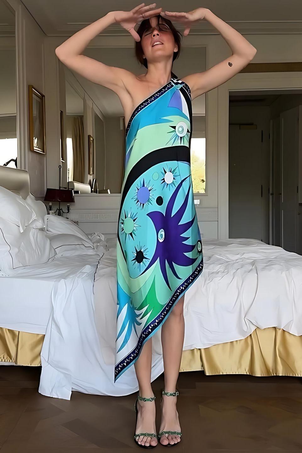 Stella Print Off-Shoulder Asymmetric Midi Dress