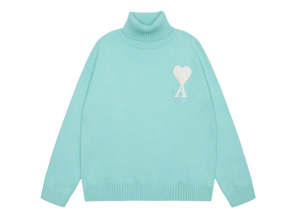 Am1 2024SS classic lake green jacquard big heart turtleneck sweater