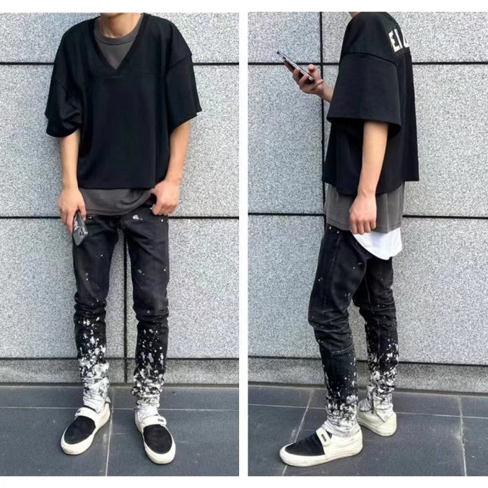 FOG Season 5 Washed Old Black Splashed Ink Slim Fit Small Feet Zipper Jeans