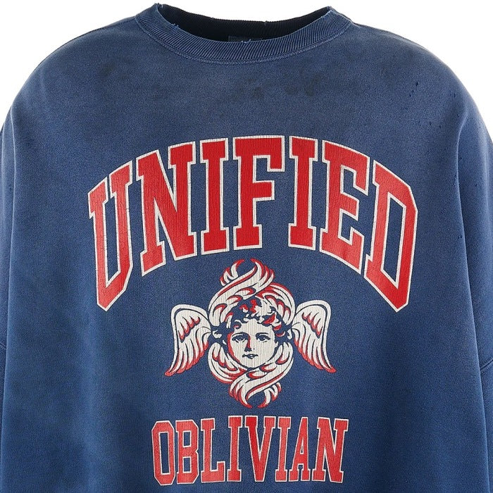 SAINT Mich@el FW24 vintage distressed angel graphic with letter print heavy-duty ribbed crewneck long-sleeve sweatshirt