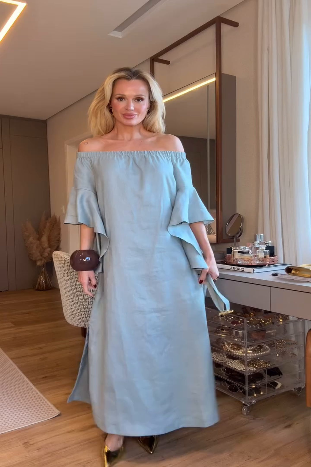 Soft Blue Off-Shoulder Maxi Dress with Ruffle Sleeves