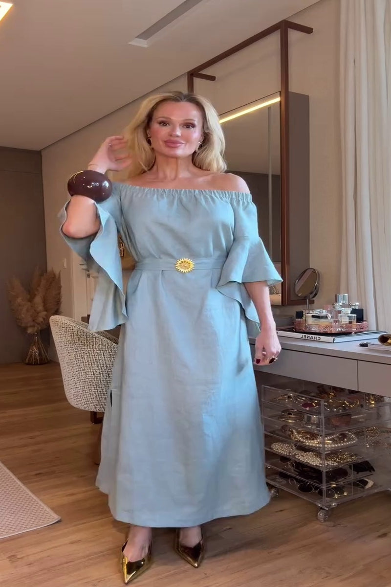 Soft Blue Off-Shoulder Maxi Dress with Ruffle Sleeves