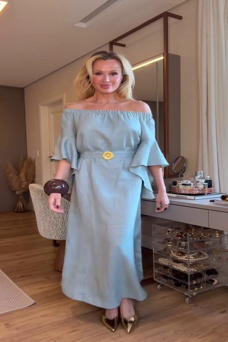 Soft Blue Off-Shoulder Maxi Dress with Ruffle Sleeves