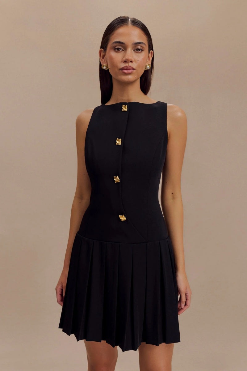 Black Boat Neck Pleated Mini Dress