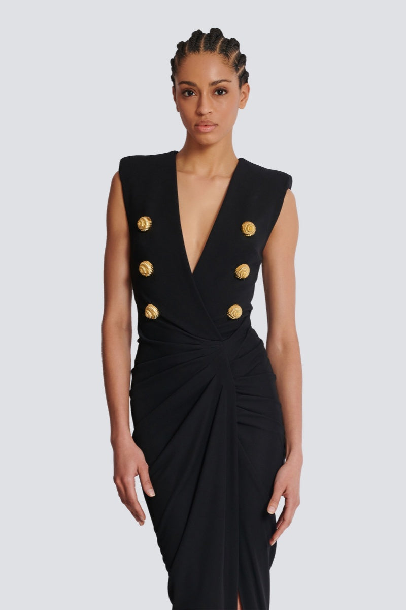 Faux-Button Draped Maxi Dress