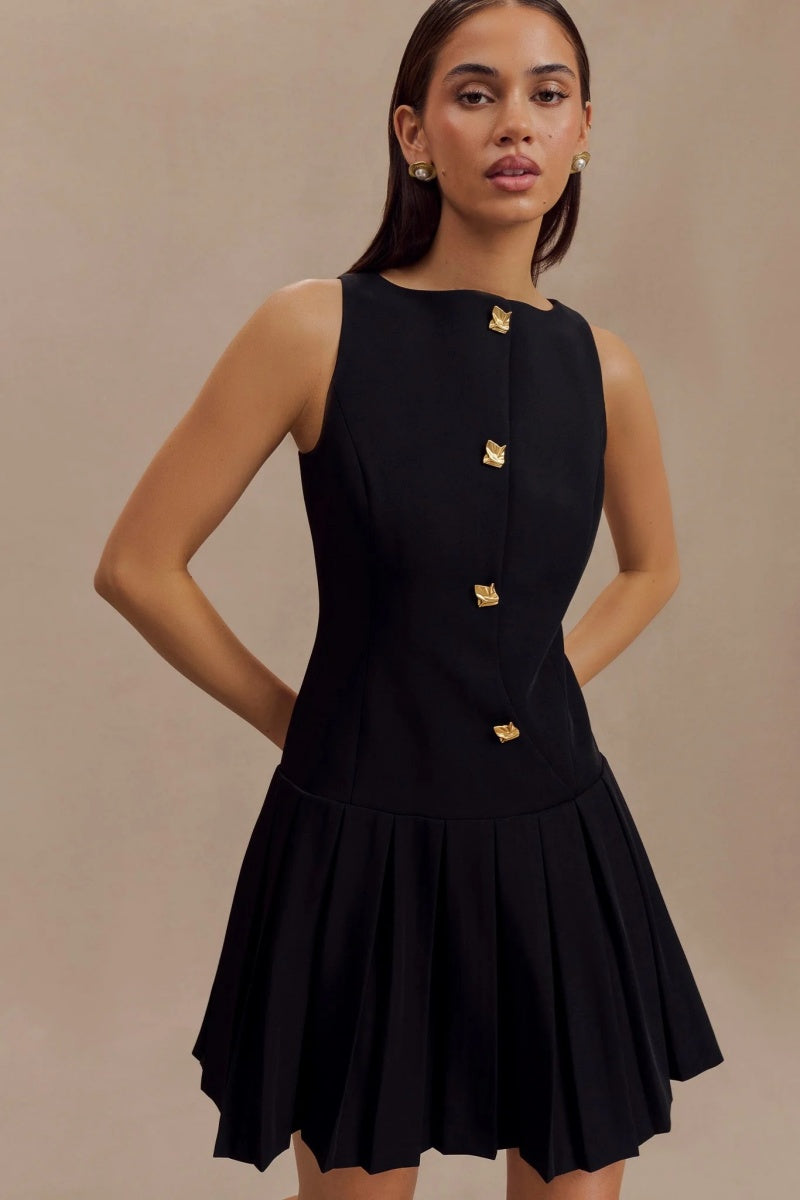 Black Boat Neck Pleated Mini Dress