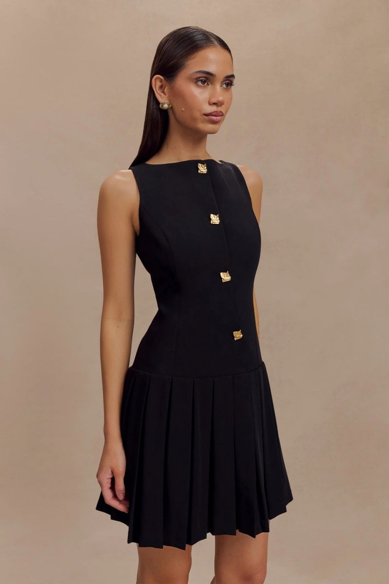 Black Boat Neck Pleated Mini Dress