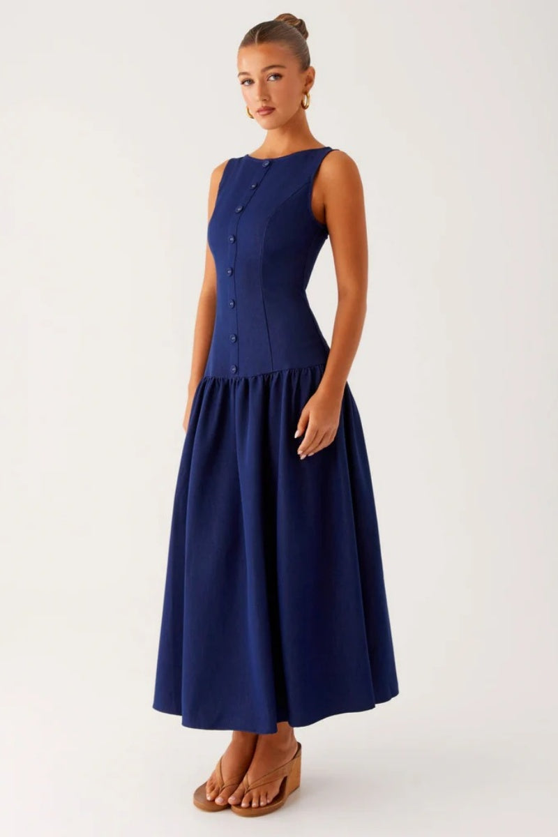 Elegant Denim Midi Dress - Indigo