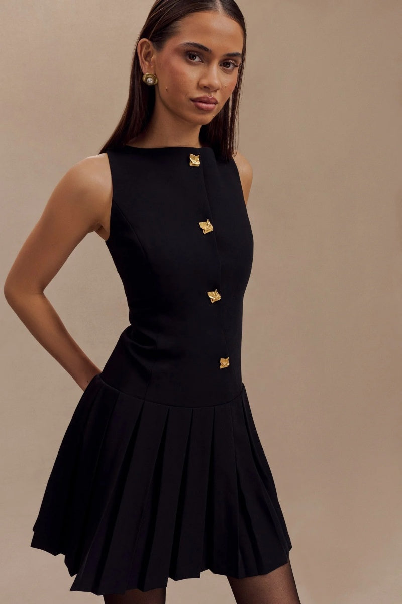 Black Boat Neck Pleated Mini Dress