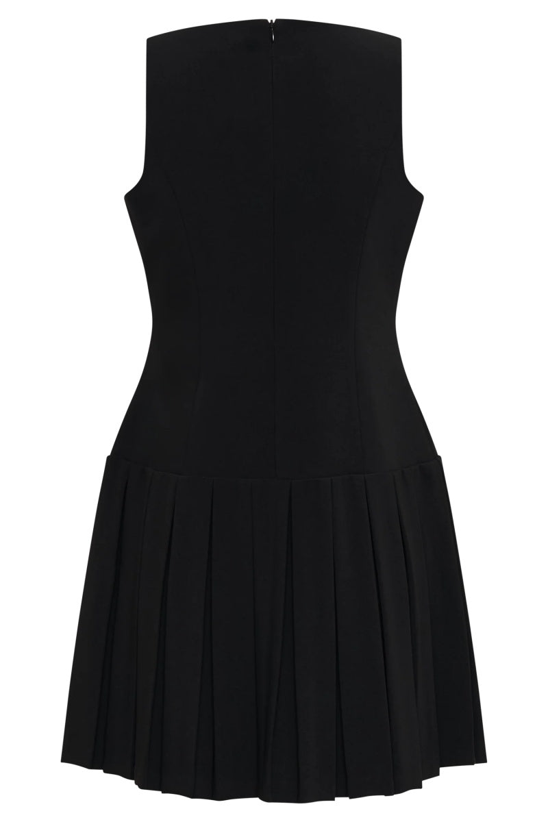 Black Boat Neck Pleated Mini Dress