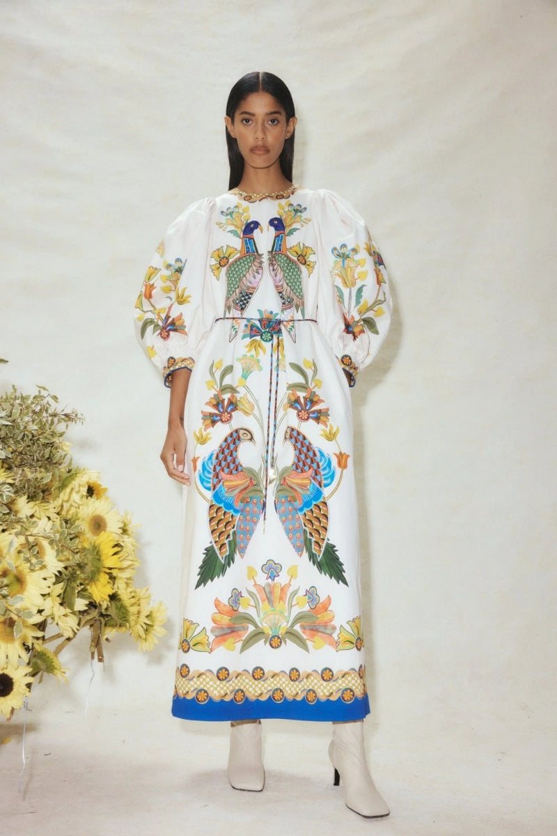 Printed Puff Sleeve Loose Casual Midi Dress