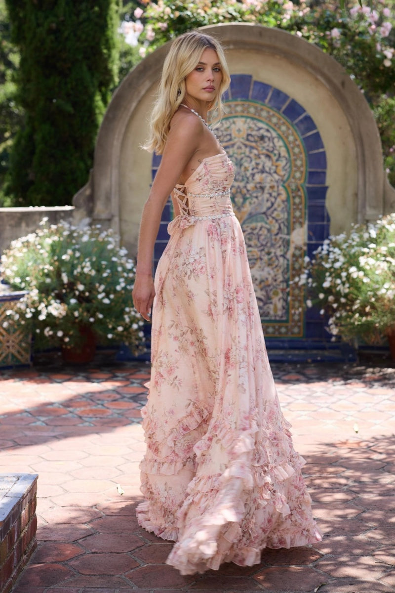 Floral Faux Pearl Ruffle Elegant Maxi Dress