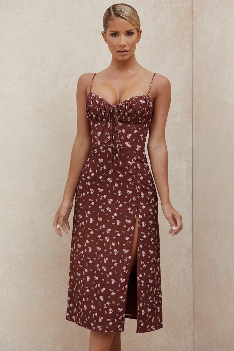 Floral Print Open Back Suspender Midi Dresses