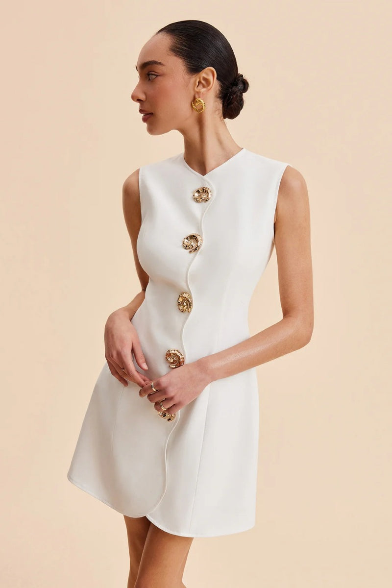 Metallic Button Sleeveless Zipper Mini Dress