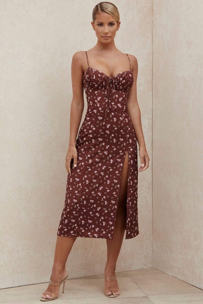 Floral Print Open Back Suspender Midi Dresses