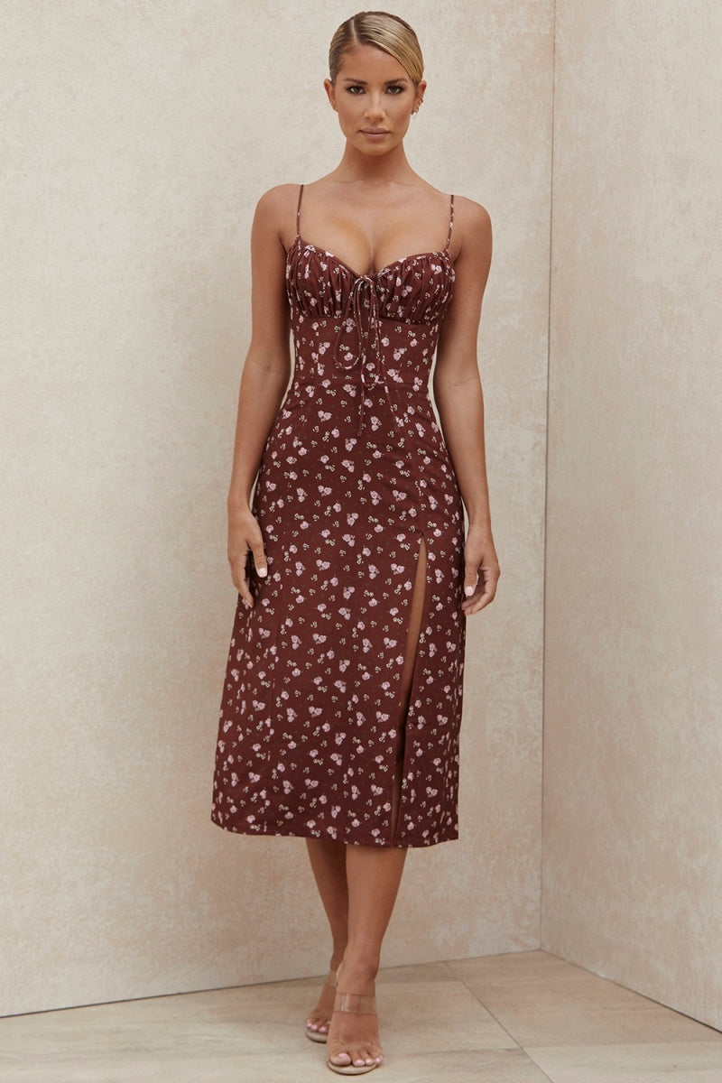 Floral Print Open Back Suspender Midi Dresses