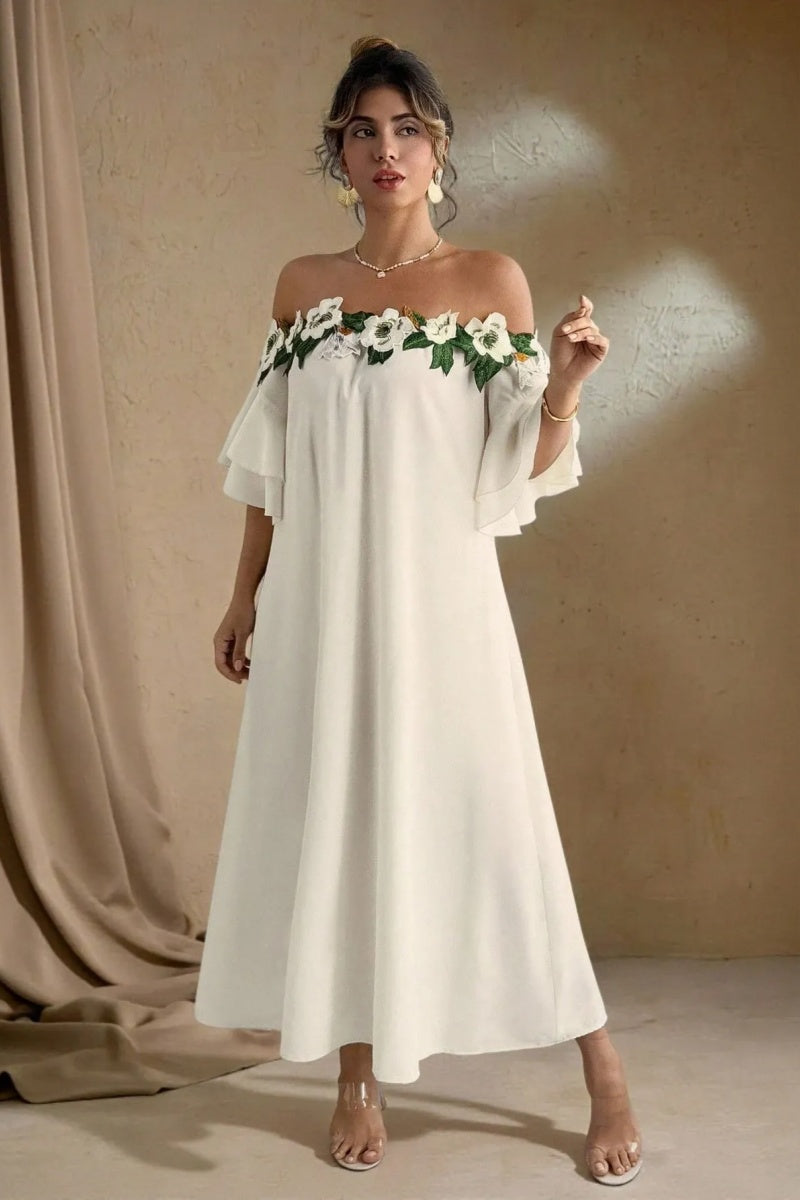 Solid Color Off-Shoulder Floral Elegant Maxi Dress