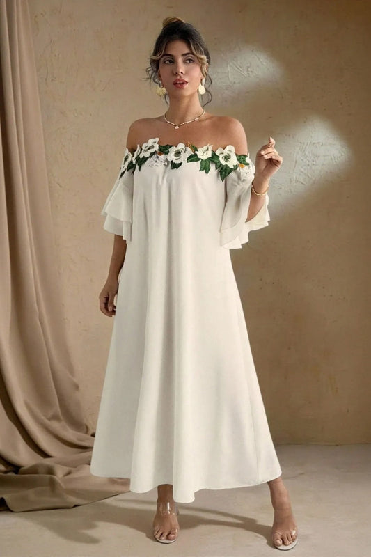 Solid Color Off-Shoulder Floral Elegant Maxi Dress