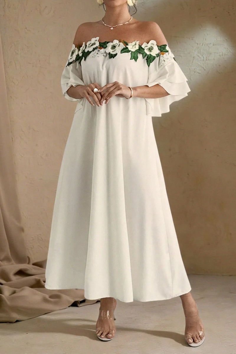 Solid Color Off-Shoulder Floral Elegant Maxi Dress