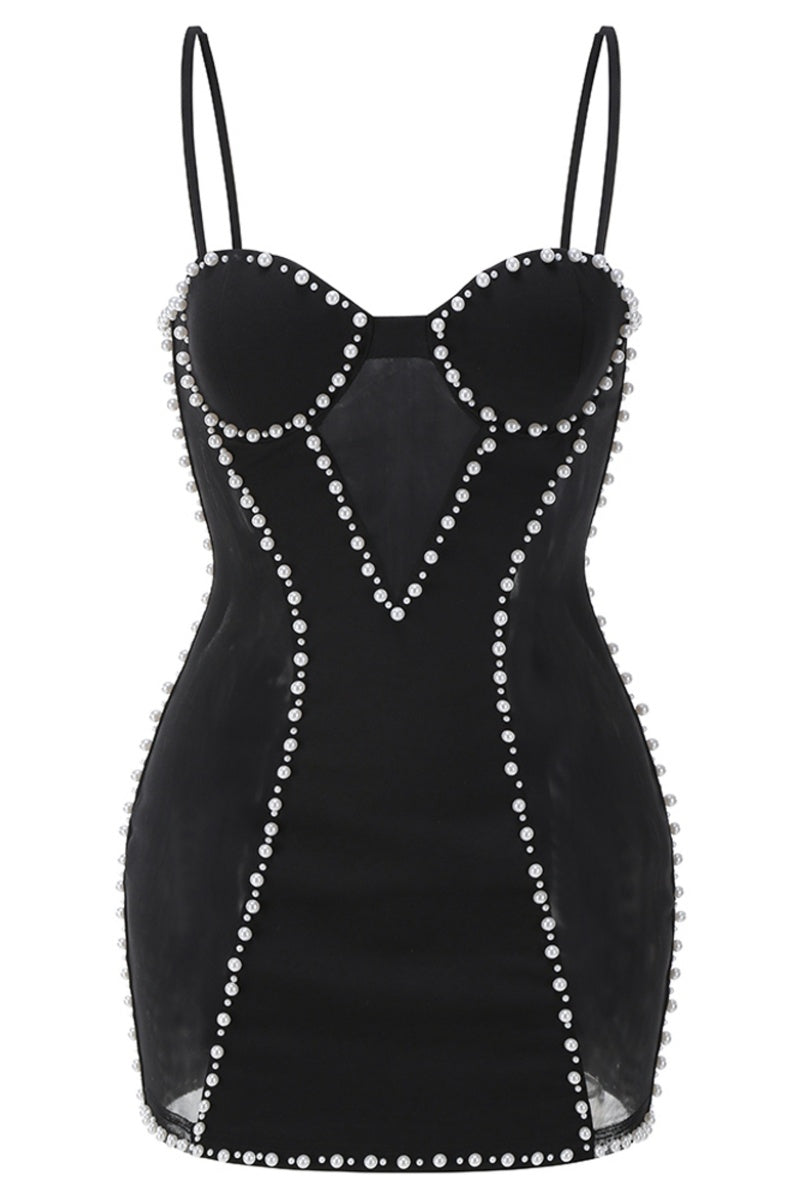 Pearl Trim Bustier Mesh Mini Dress