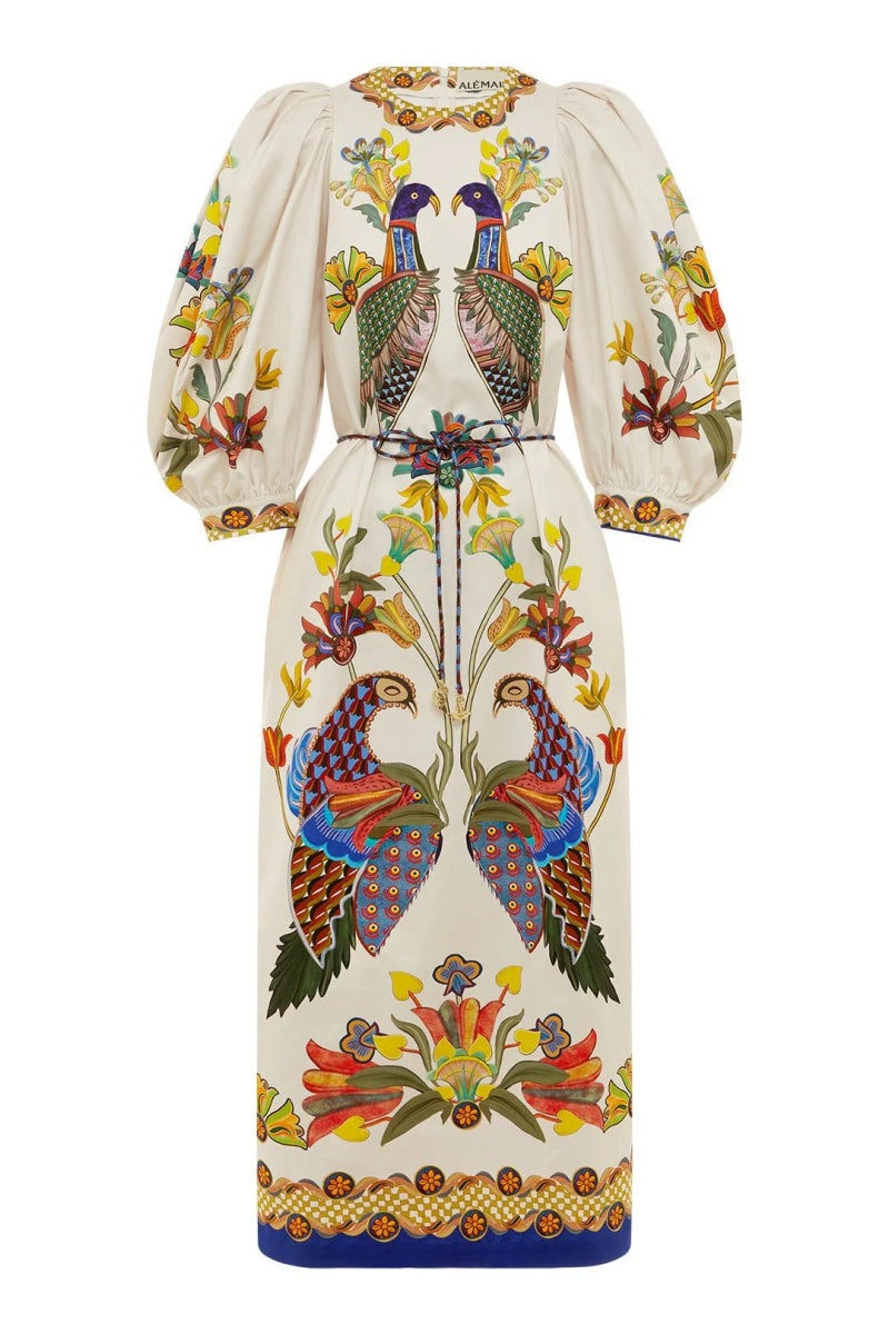 Printed Puff Sleeve Loose Casual Midi Dress