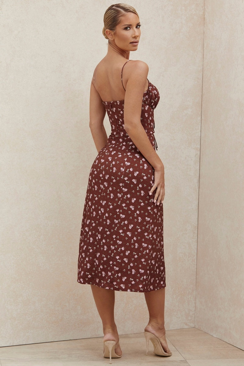 Floral Print Open Back Suspender Midi Dresses