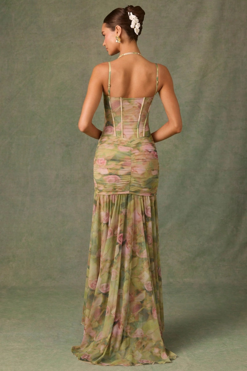 Fitted Floral-Print Pleated Maxi Dress