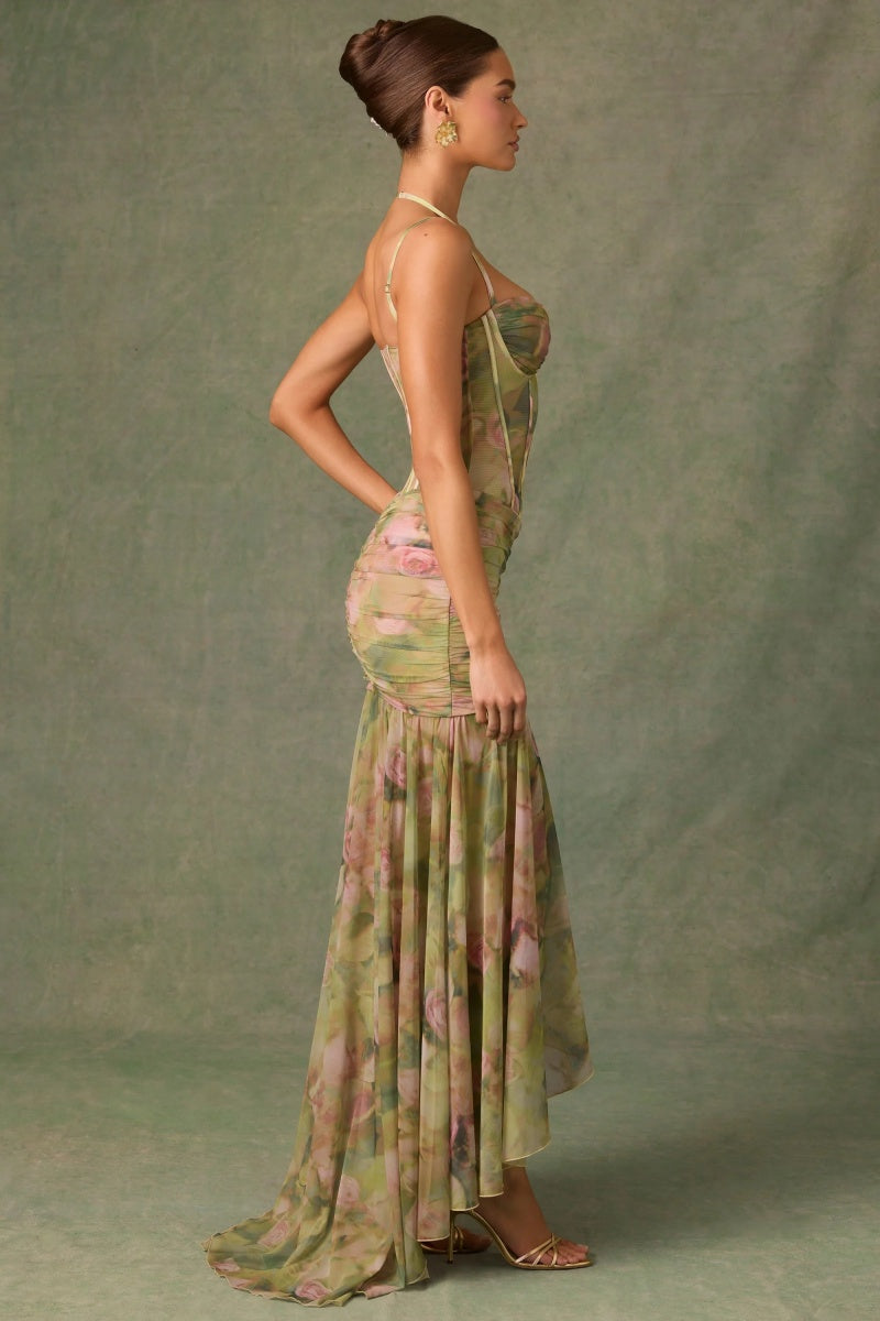 Fitted Floral-Print Pleated Maxi Dress