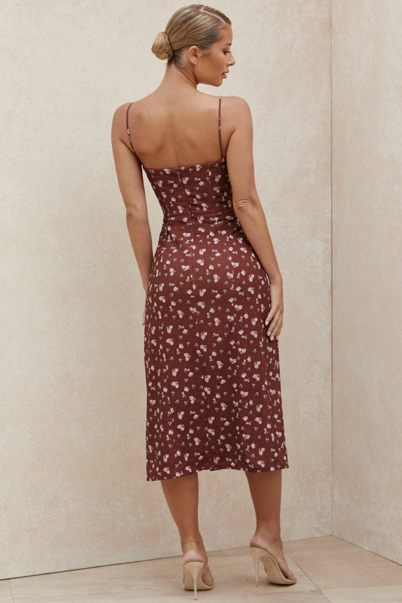Floral Print Open Back Suspender Midi Dresses