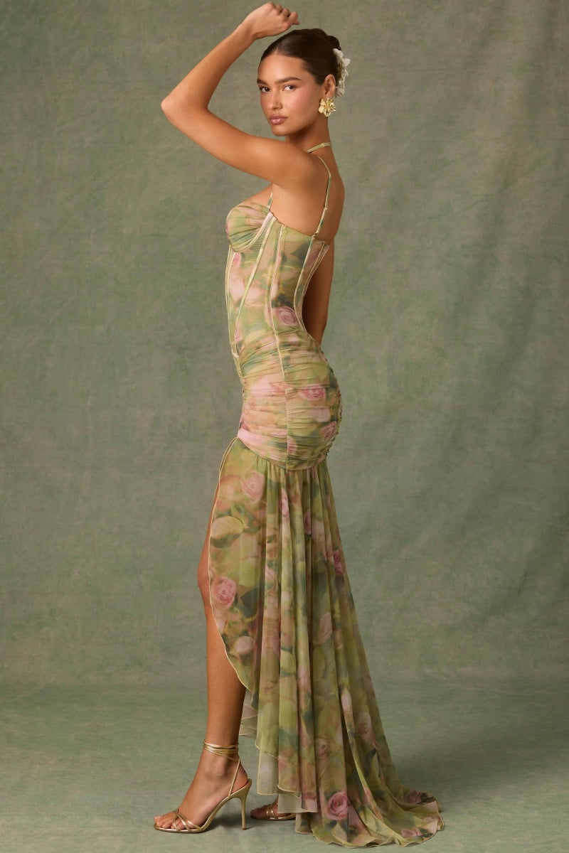 Fitted Floral-Print Pleated Maxi Dress